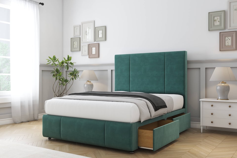 image 1 of Sloomy Lisbon Emerald Plush Divan Bed Base 2 Drawers Foot-End With 54 Inch Floor Standing Headboard & 12 Inch Matching Footboard | Green | Emerald | Double | 1