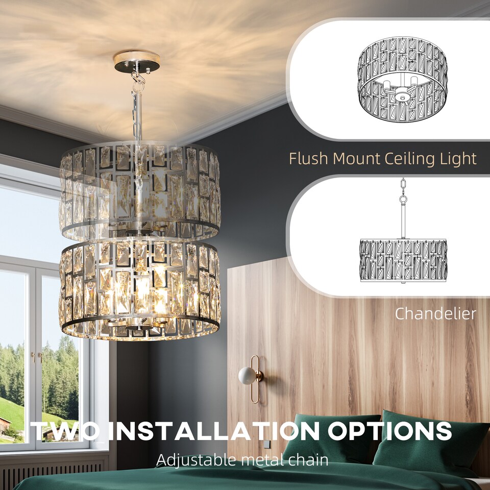 image 1 of HOMCOM Flush Mount Ceiling Light, 3-Light Crystal Chandelier for Living Room | Silver