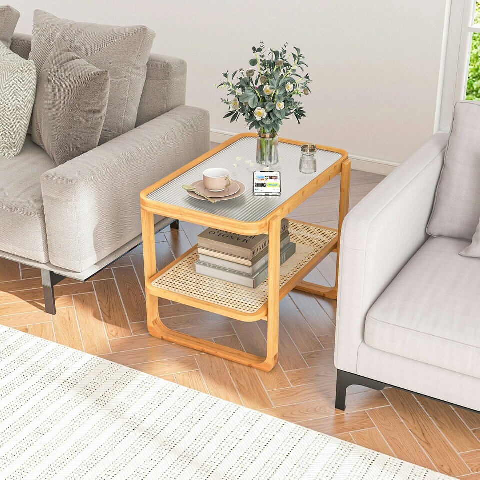 image 1 of COSTWAY Side Table Tempered Glass Top Sofa End Table Yellow