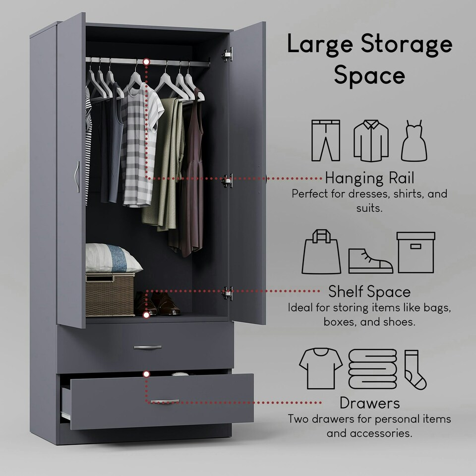 image 1 of Vida Designs Riano 2 Door 2 Drawer Wardrobe With Shelf & Clothes Rail, Grey