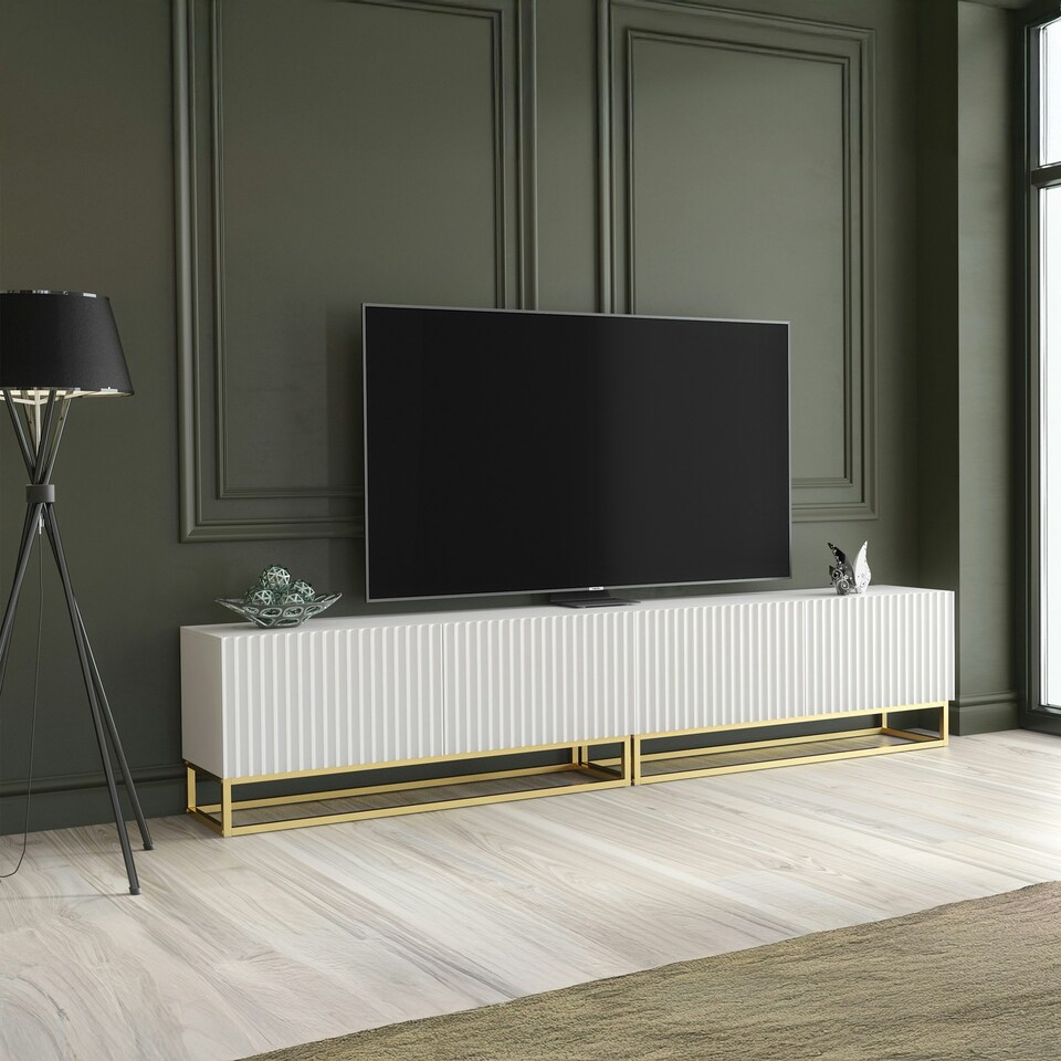 image 1 of Modular TV Unit 200cm White Matt with Fluted Fronts and Gold Base White
