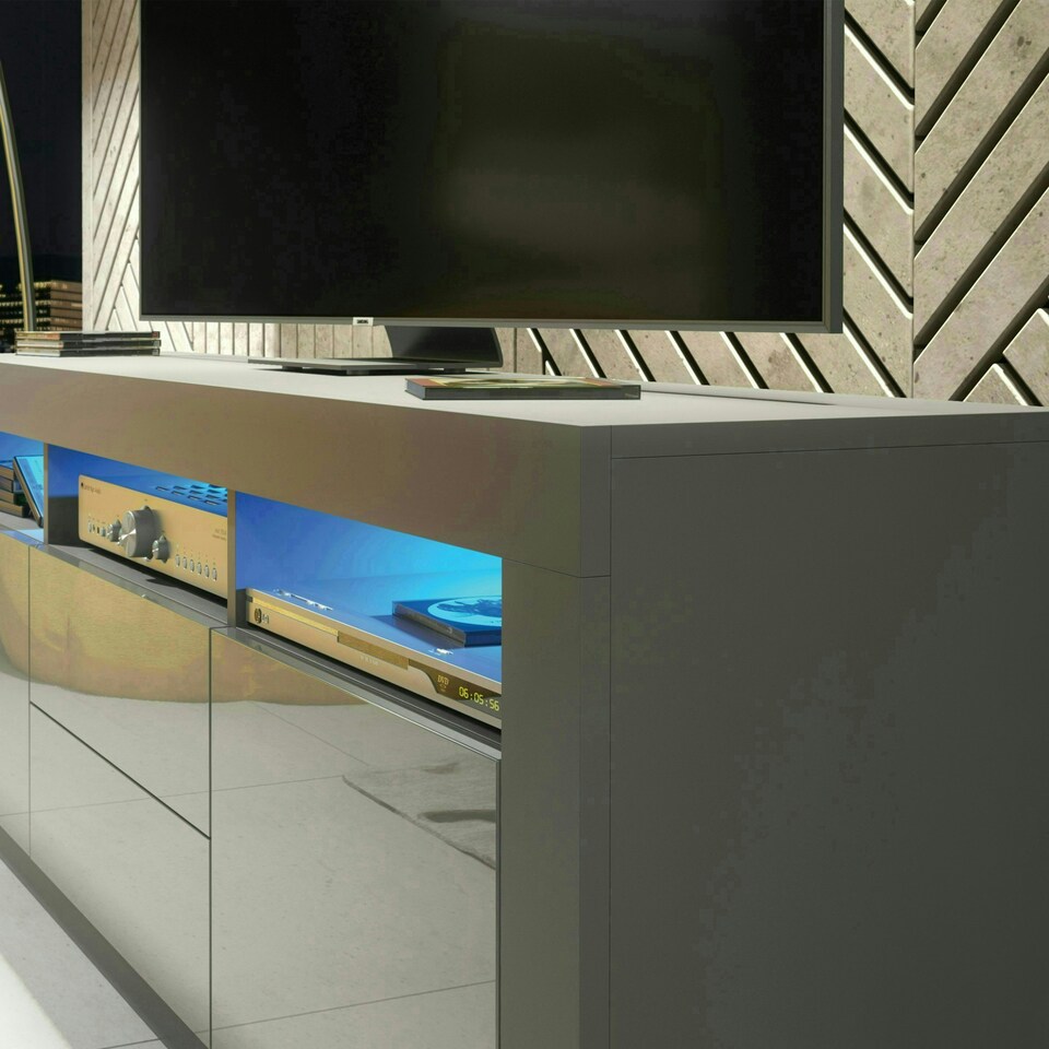 image 1 of TV Unit 160cm Grey Gloss Doors & Drawers Grey Matt Body Free LED Grey
