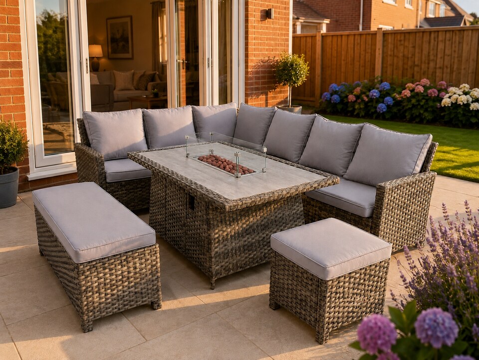 image 1 of The Maldives Grey Aluminium 9 Seat Corner Gas Firepit Rattan Dining Set