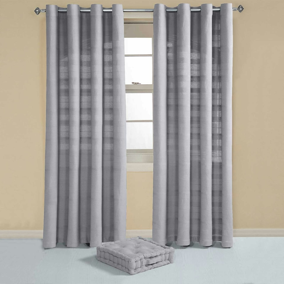 image 1 of Homescapes Cotton Rajput Ribbed Silver Grey Curtain Pair - 66 x 90" Grey