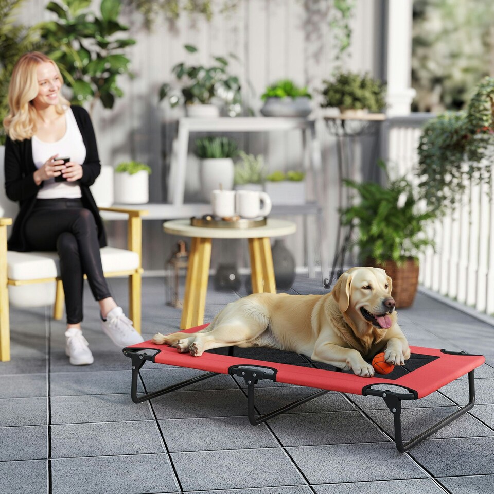 image 1 of PawHut Raised Dog Bed with Breathable Mesh for S & M Dogs, Light Grey Red | L