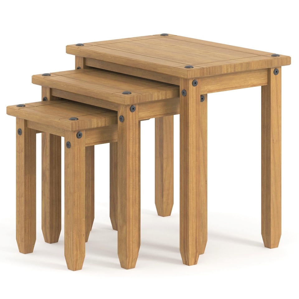 image 1 of Corona Set of 3 Solid Pine Nesting Tables - Sturdy Rustic Side Tables with Chunky Tops | Brown | Antique Wax | Small, Medium & Large | 3