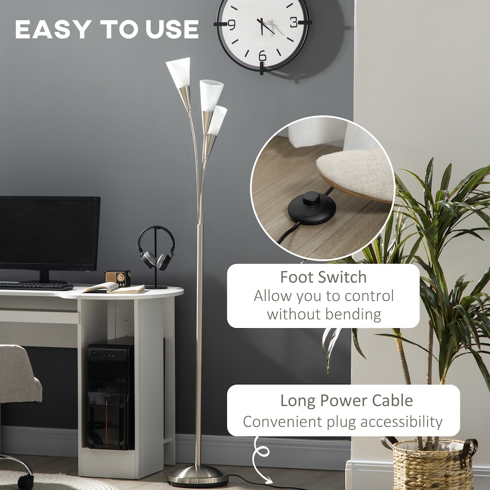 image 1 of HOMCOM Modern Upright Floor Lamp with 3 Light, Steel Base for Living Room