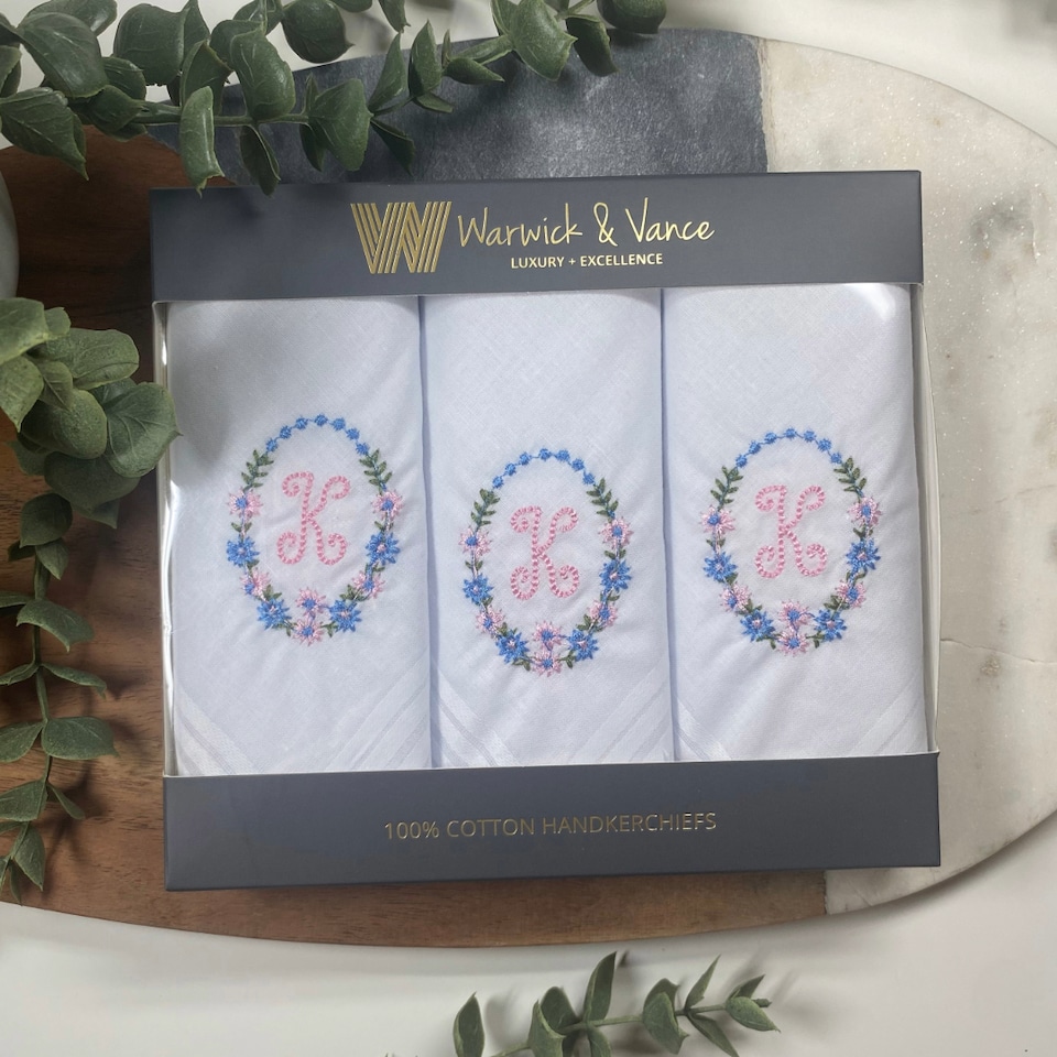 image 1 of Warwick & Vance 3 Pack White Handkerchiefs with Embroidered Framed Initials, Letter K