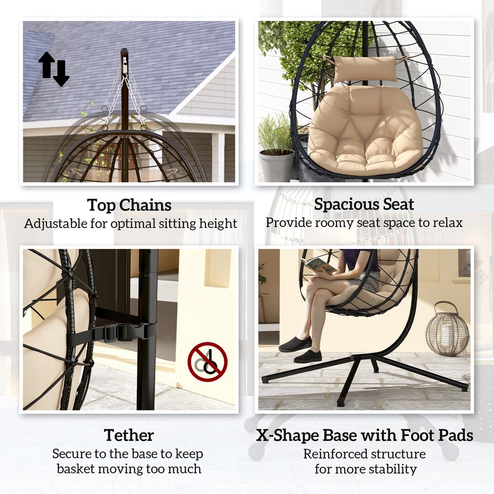 image 1 of Outsunny Hanging Egg Chair Outdoor Indoor Garden Swing Chair with Folding Basket, Thickened Cushion, Garden Hanging Chair with Stand, Headrest for Patio, Balcony, Khaki | Brown | Khaki