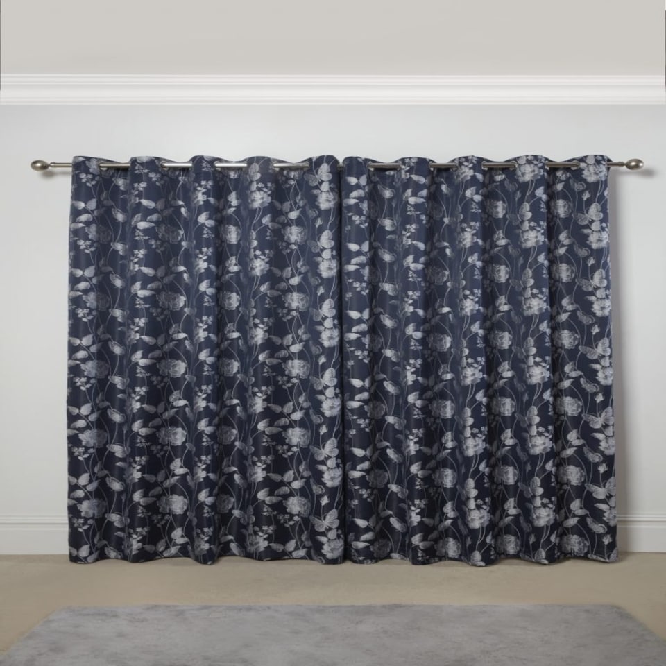 image 1 of Meadows Lined Eyelet Jacquard Curtains 228cm x 183cm Navy Blue | Blue