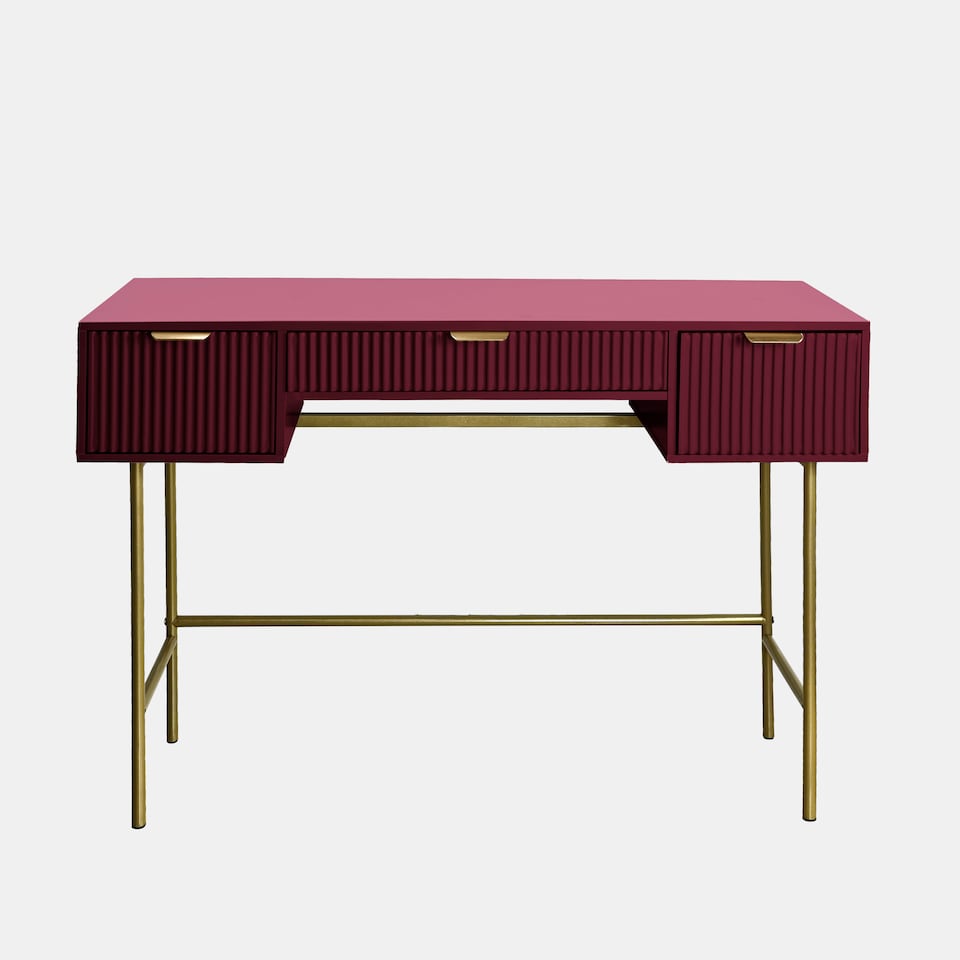 image 1 of OHS Ribbed Dressing Table Vanity Makeup Desk with 3 Drawers | Red | Dark Berry