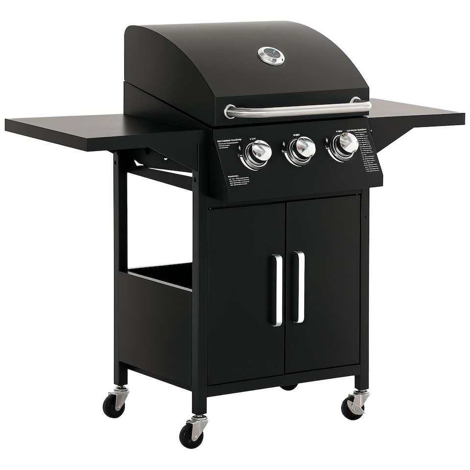 image 1 of Outsunny 3 Burner Gas Grill Portable BBQ Trolley w/ 4 Wheels and Side Shelves