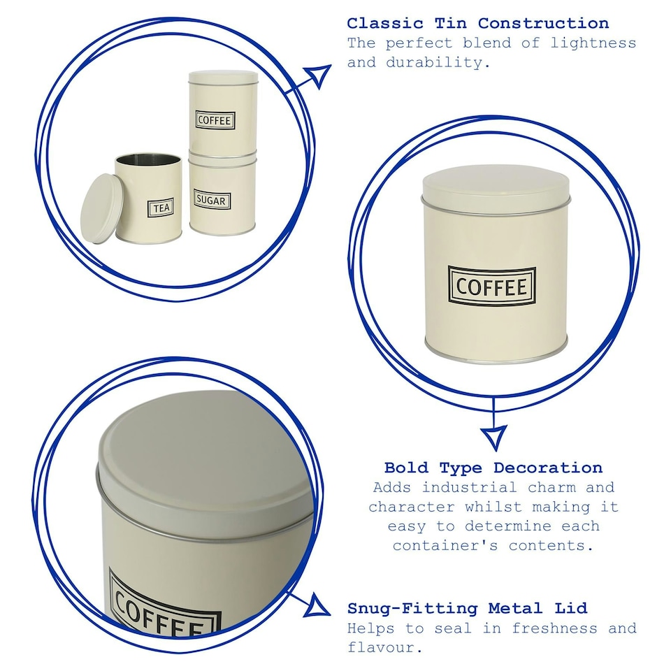 image 1 of Harbour Housewares 3pc Round Metal Tea Coffee Sugar Canister Set - White - Kitchen Caddy Kitchen Storage Containers Canisters