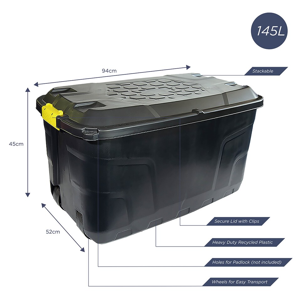 image 1 of Charles Bentley 2 x 145L Heavy Duty Trunk on Wheels - Black