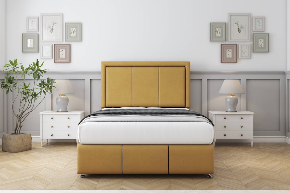 image 1 of Sloomy Lancaster Mustard Plush Divan Bed With Mattress 4 Drawers With 54" Floor Standing Headboard & 12" Matching Footboard 4'6 Double | Gold | Mustard | Double | 1