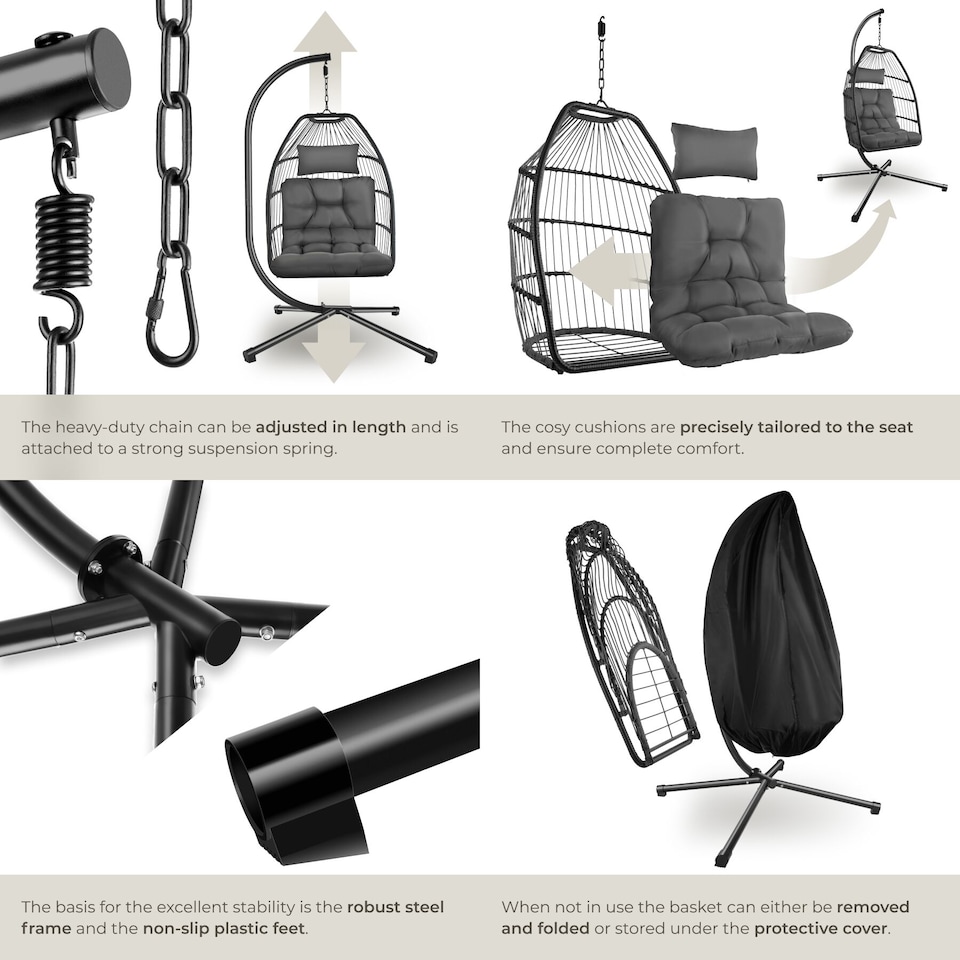 image 1 of Egg Chair Ariane with Swing Seat Frame, Thick Cushions and Protective Cover | Grey | dark grey | 1