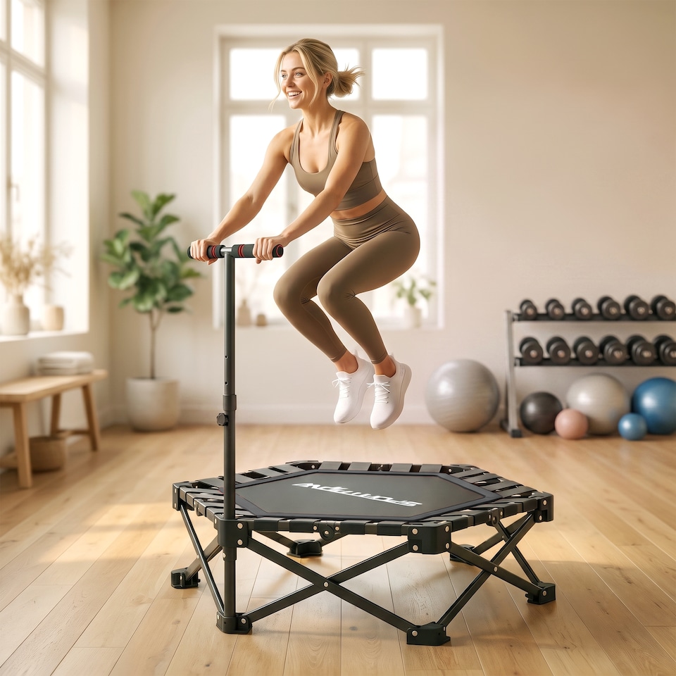 image 1 of SPORTNOW 42" Foldable Mini Trampoline with 3-Level Adjustable Handle, Black