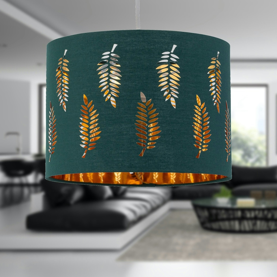 image 1 of First Choice Lighting Set of 2 Fern Dark Green Cut Out 30cm Pendant Lightshades Green | Gold