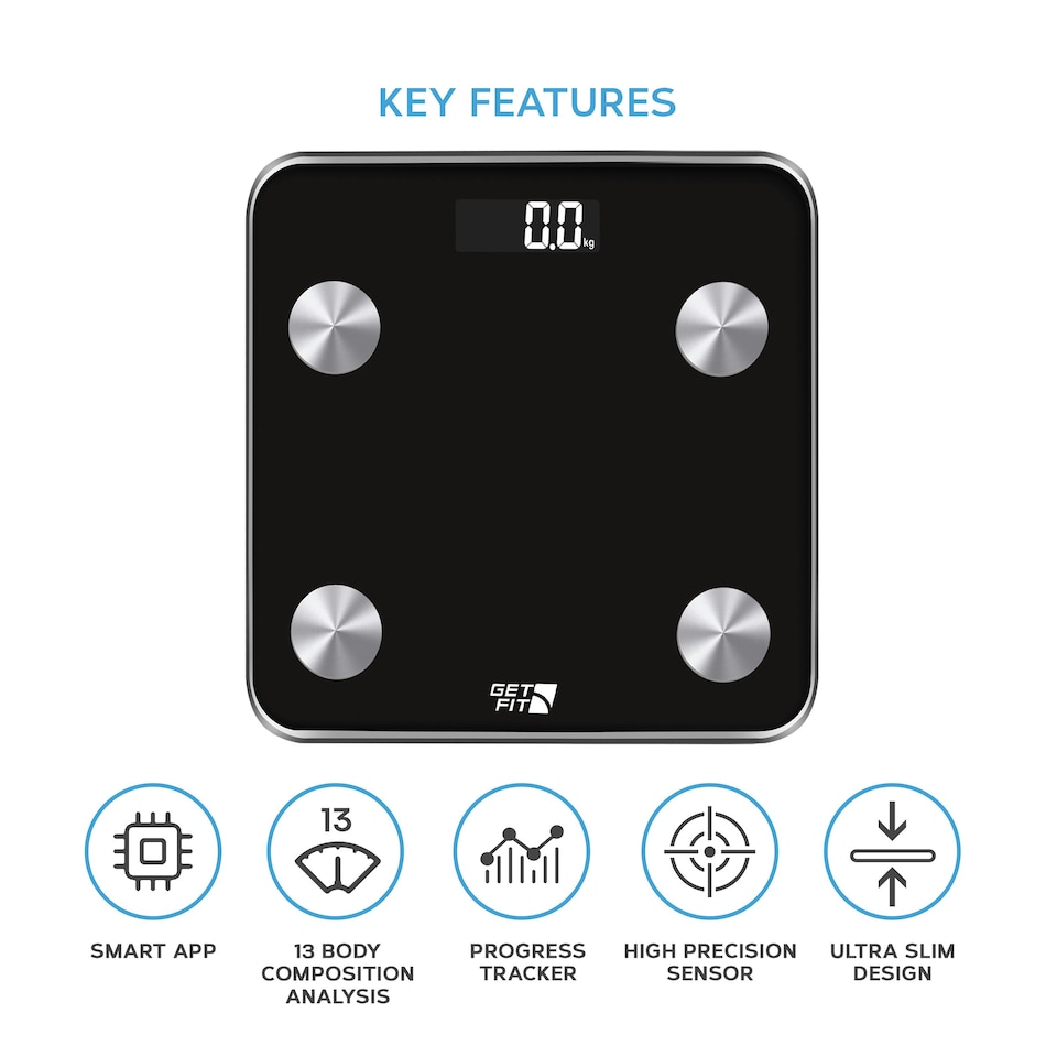 image 1 of Get Fit Smart Bathroom Scales - Monitor Weight Loss Digital Body Weighing Scale, Connect to IOS/Android via Bluetooth with APP, LCD Display, Auto On/Off - Black