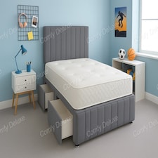 Grey Plush 2ft6 Small Single Divan Bed Set Headboard & Footboard - 2 Drawers Left Side Laying in Bed