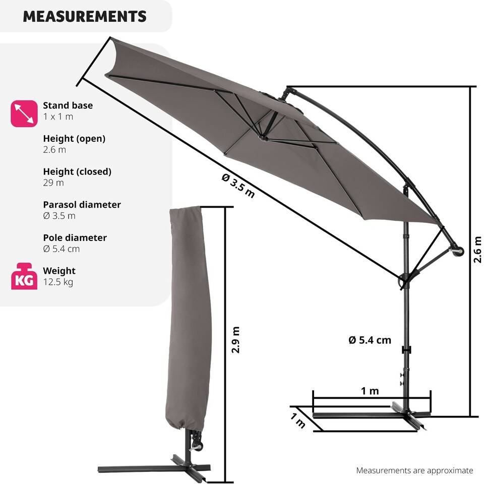 image 1 of Parasol Ciccio - 350 cm, cantilever garden shade, adjustable tilt angle, with protective cover Grey