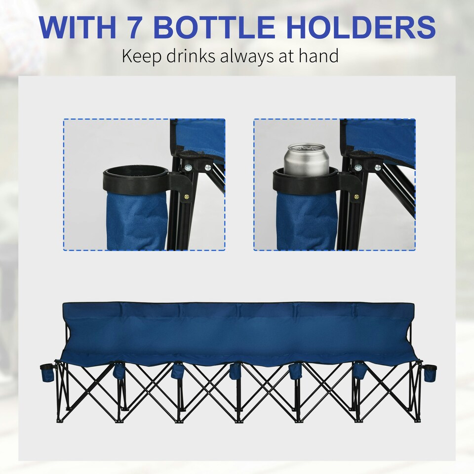 image 1 of Outsunny 6 Seater Folding Bench Camping Chair with Cup Holder, Blue
