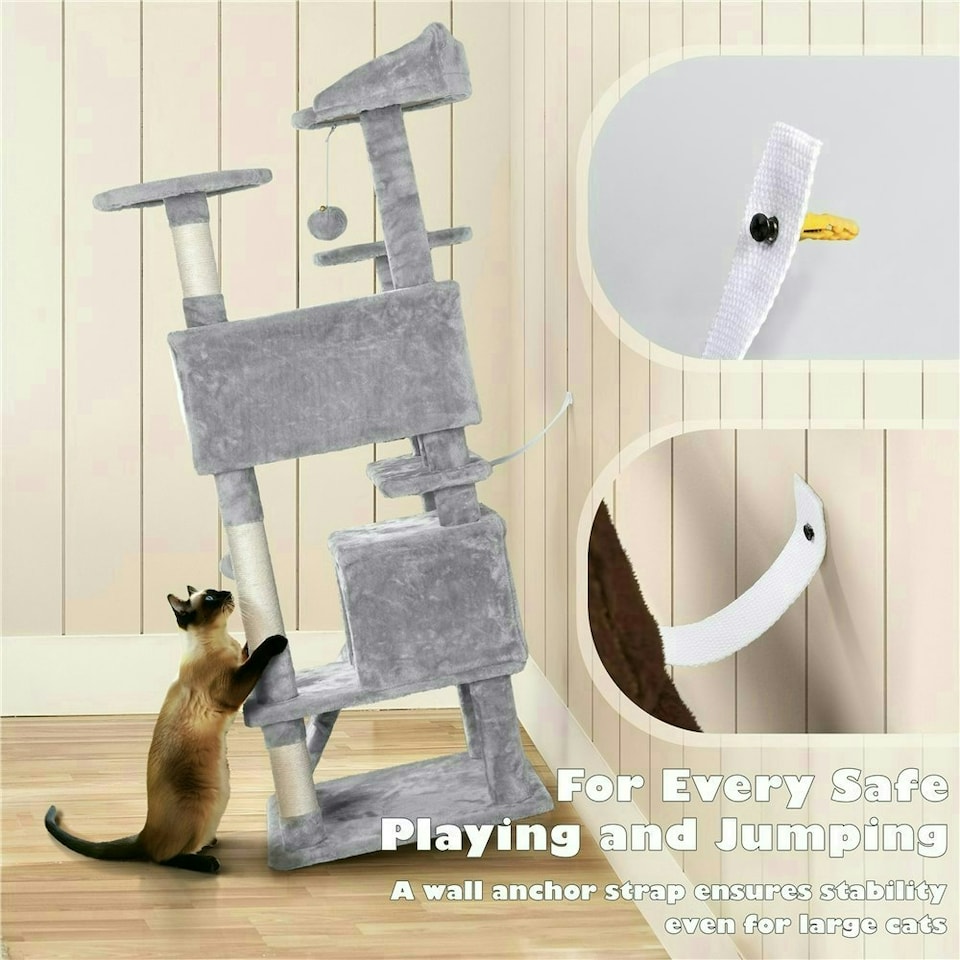 image 1 of Yaheetech 137cm Tall Cat Tree with Scratching Posts Light Grey