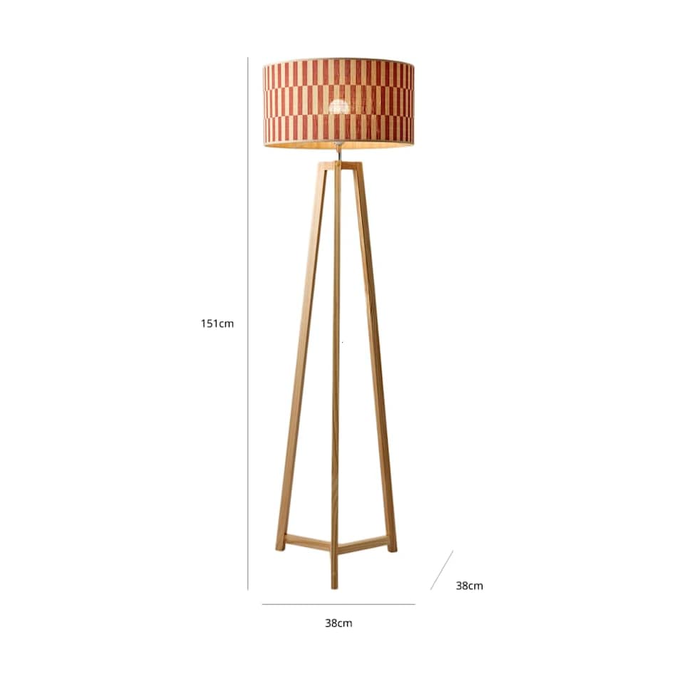 image 1 of ValueLights Lottie Natural Wood Tripod Floor Lamp Orange Check Bamboo Shade and Bulb