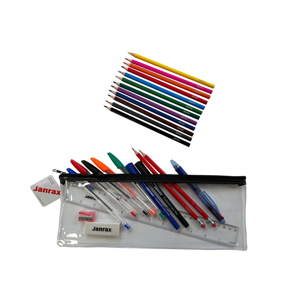 image 1 of Stationery Filled Black Zip 13x5" Pencil Case with Colouring Pencils