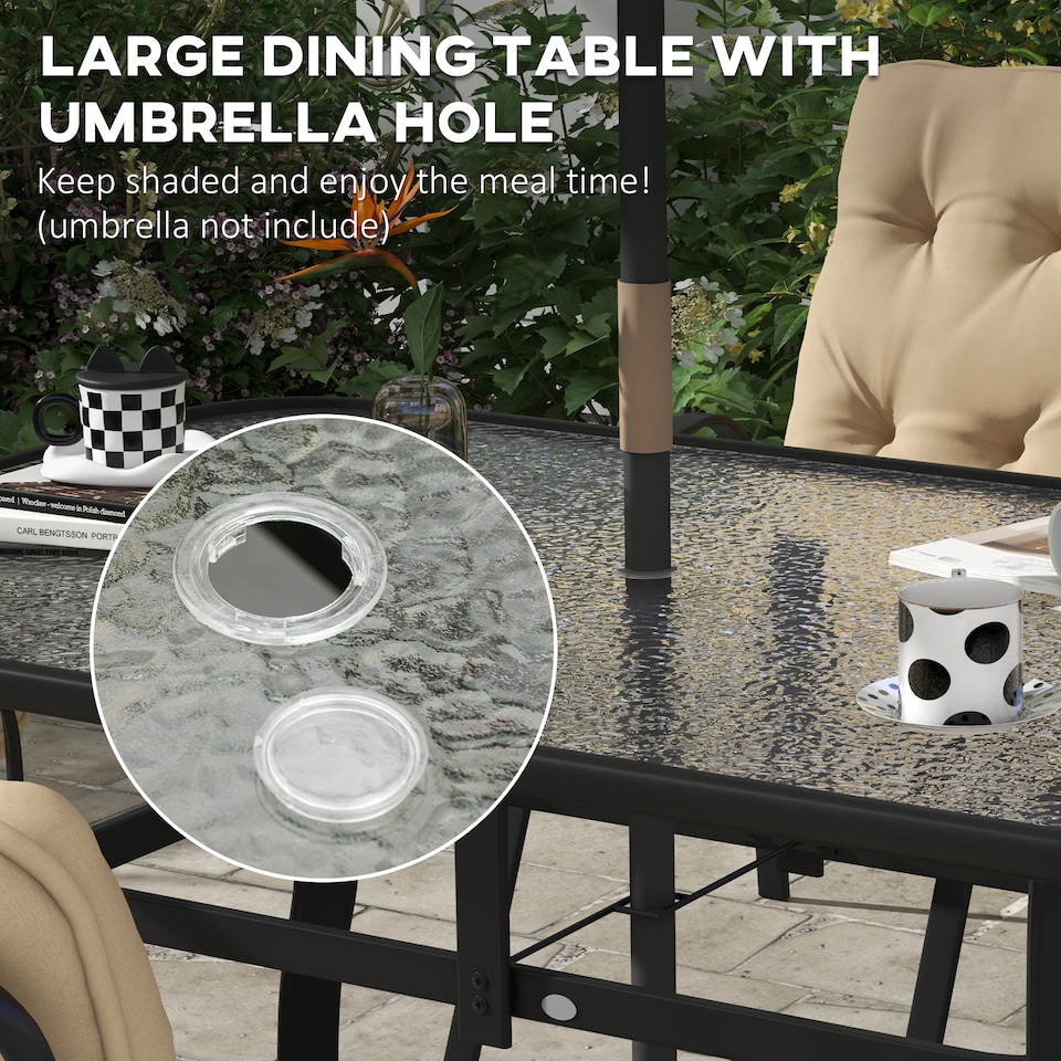 image 1 of Outsunny 7 PCs Garden Dining Set w/ Umbrella Hole & Cushion, Beige
