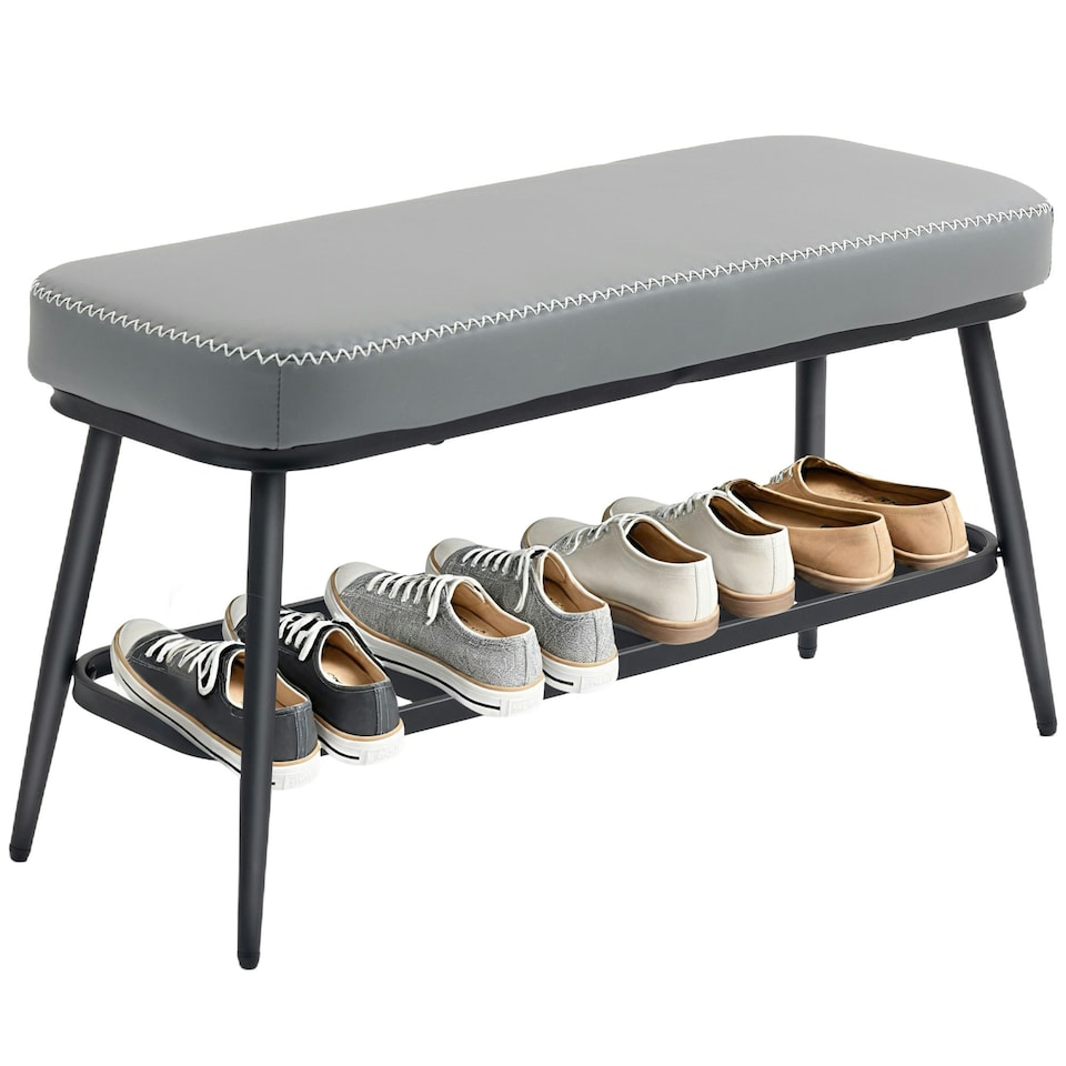 image 1 of HOMCOM Shoe Bench, PU Leather Shoe Storage Bench for Entryway, Grey Grey | Black