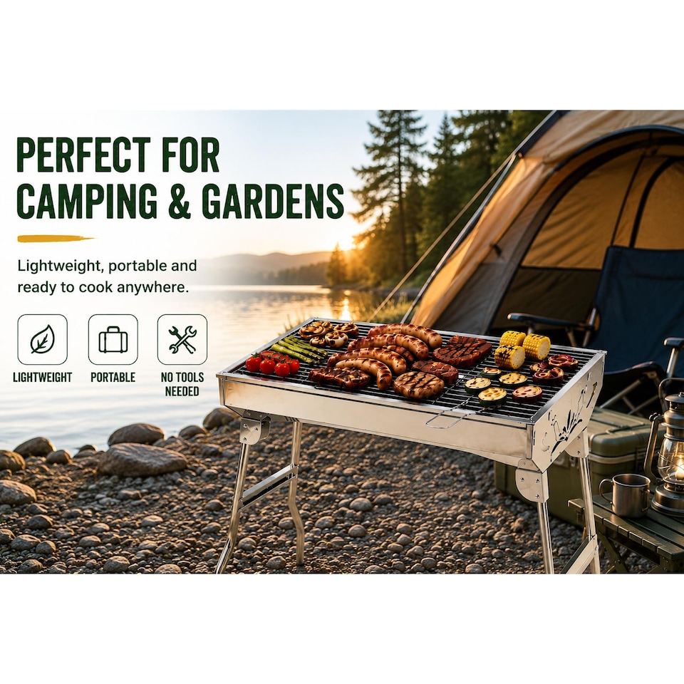 image 1 of Portable Charcoal BBQ Grill Folding Stainless Steel Barbecue Camping Festival