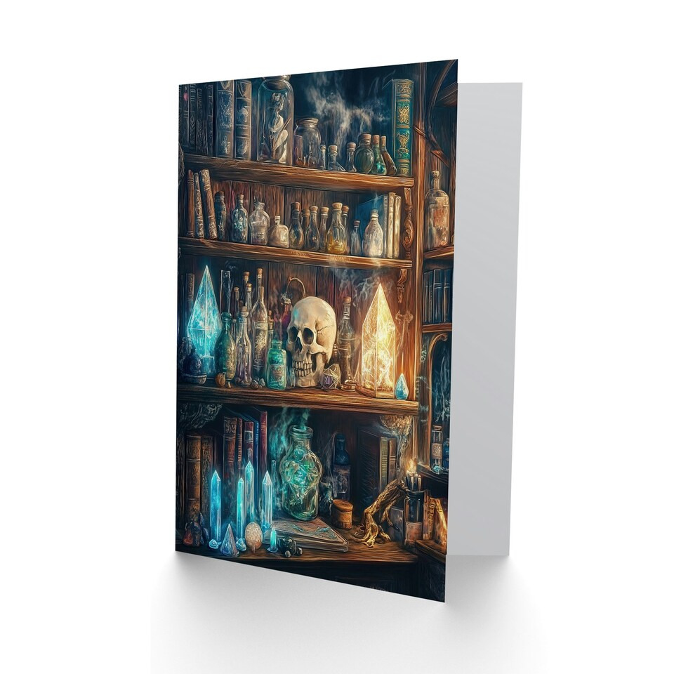image 1 of Alchemist Bookshelf Skull Magic Crystals Potions Birthday Greeting Card