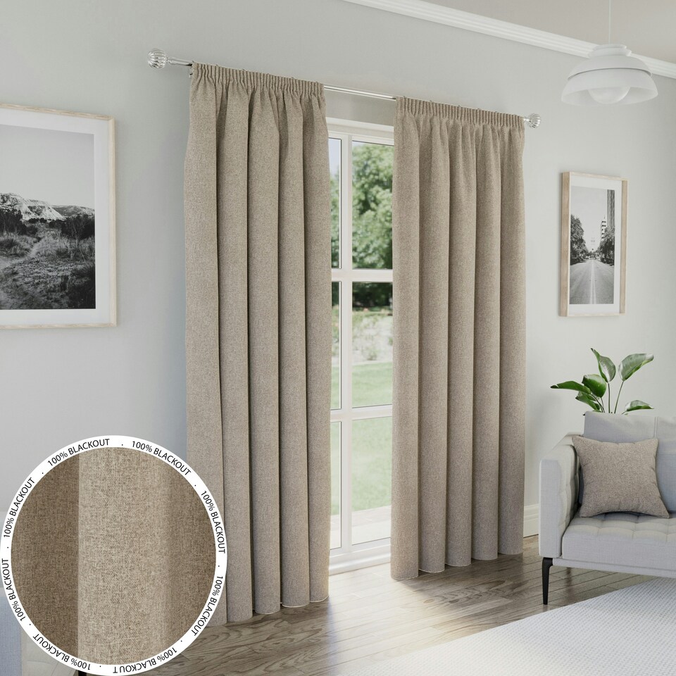 image 1 of Dallas Natural Blackout Curtains 90 x 108 inch (229 x 274 cm) Pencil Pleat 100% Blackout Thermal Noise Reducing Curtains for Bedroom and Living Room