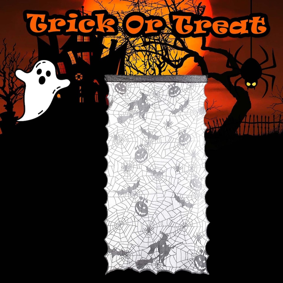 image 1 of vfm-estore Halloween Witch & Pumpkin Door Curtain - Grey, 190cm x 100cm