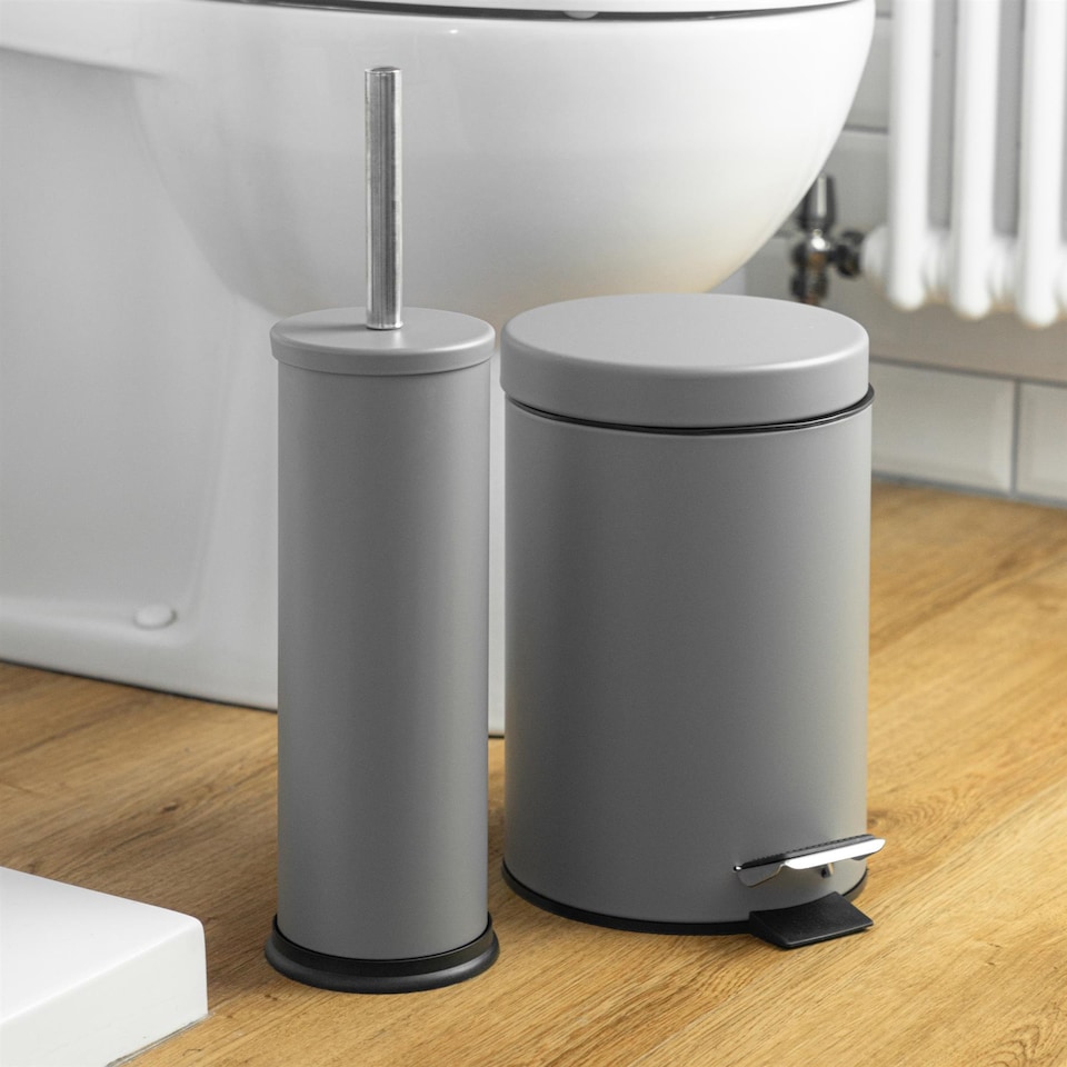 image 1 of Harbour Housewares Round Toilet Brush & Bin Set - Matt Grey | Grey | Grey