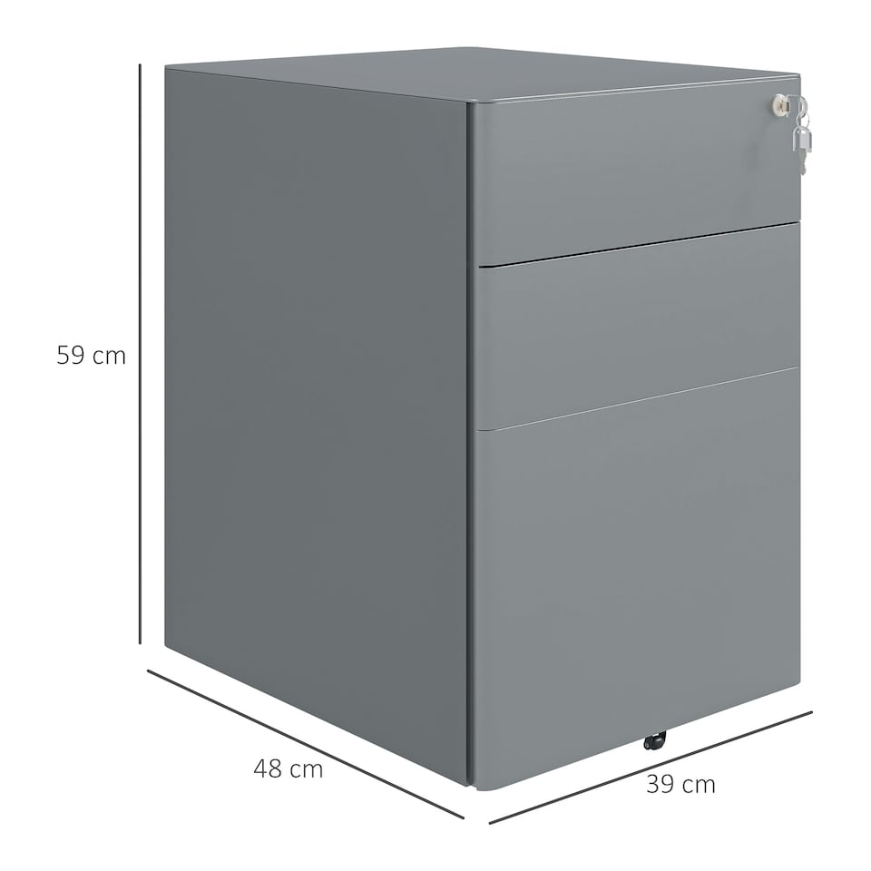 image 1 of Vinsetto 3-Drawer Mobile Filing Cabinet, Steel Lockable File Cabinet for A4, Legal, Letter, Compact Under Desk Storage Unit with Pre-Assembled Body Except Wheels for Home Office, 39 x 48 x 59cm, Grey