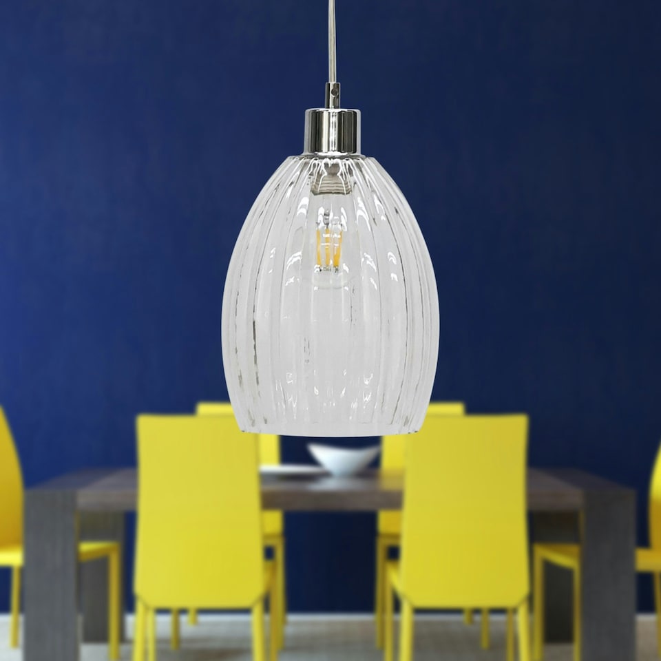 image 1 of First Choice Lighting Set of 2 Birch Clear Fluted Glass with Chrome Pendant Fittings Chrome | Clear