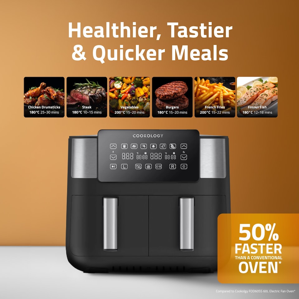 image 1 of Cookology Dual Zone Air Fryer 8L Capacity with Digital Touch Controls - CAF80DI Black