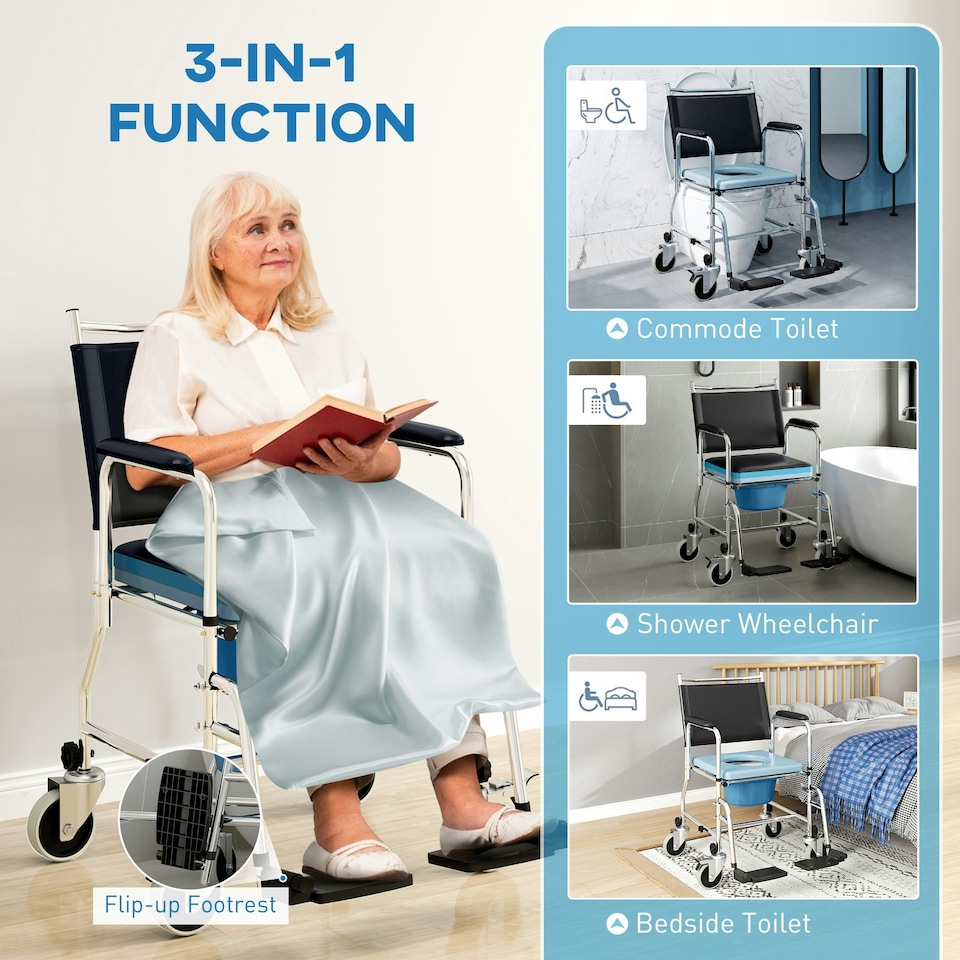 image 1 of HOMCOM Shower Wheelchair, Commode Wheeled Chair with Padded Seat, Backrest