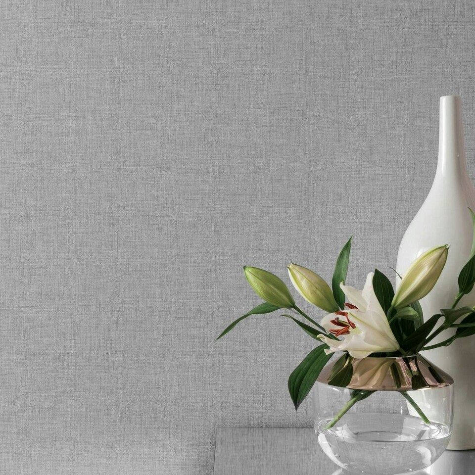 image 1 of Arthouse Linen Effect Textured Wallpaper - Mid Grey - 10m x 53cm Grey