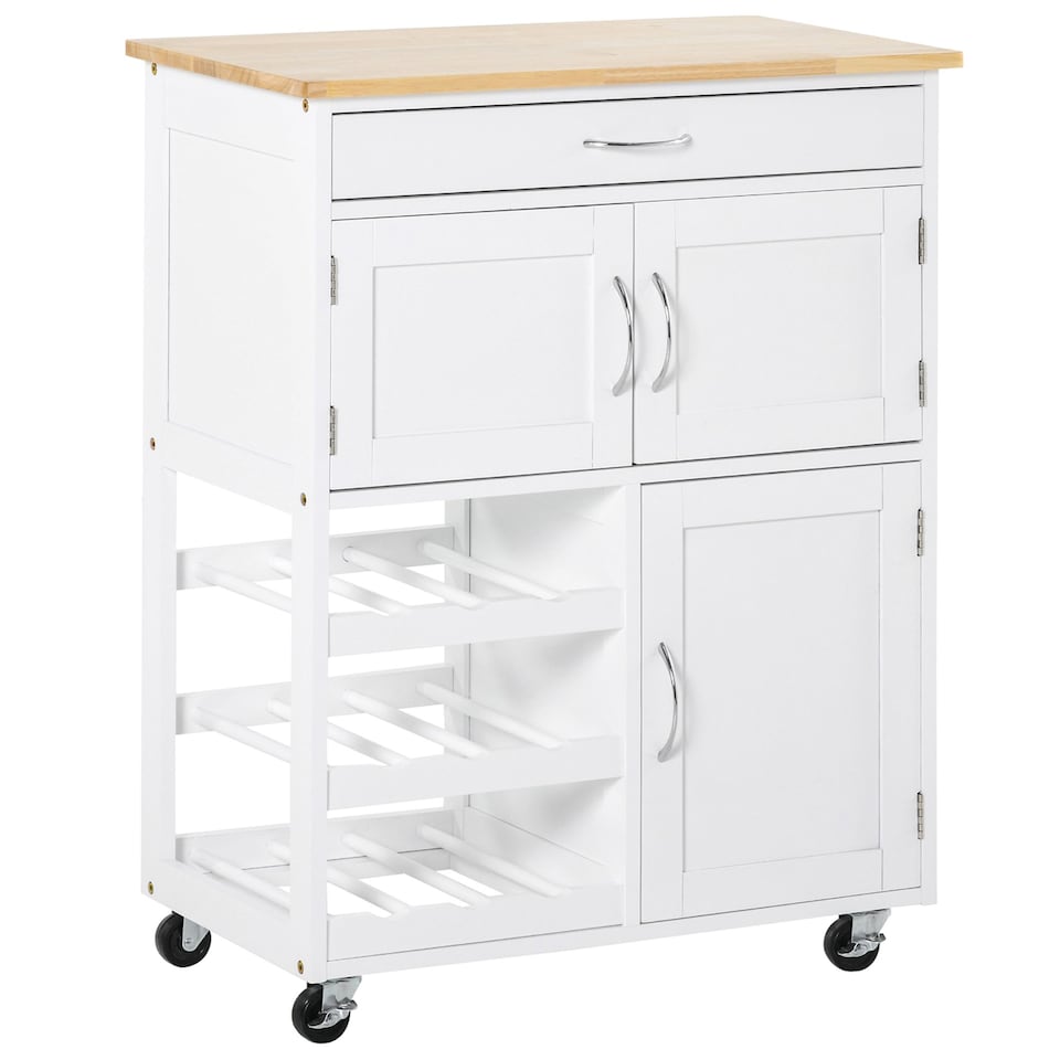 image 1 of HOMCOM Modern Kitchen Trolley, Rolling Island Storage Cart with Drawer, 9-bottle Wine Rack, Door Cabinets, Wooden Countertop, White
