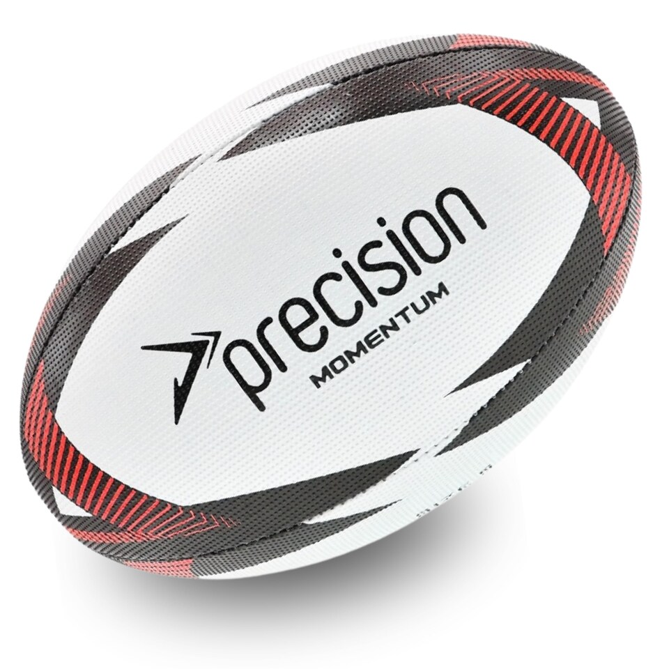 image 1 of Precision Momentum Rugby Training Ball, Premium Rubber, Hand-Stitched, All-Weather Grip, Extra Strong, Ideal For Clubs And Schools, White|Black|Red, Size 4