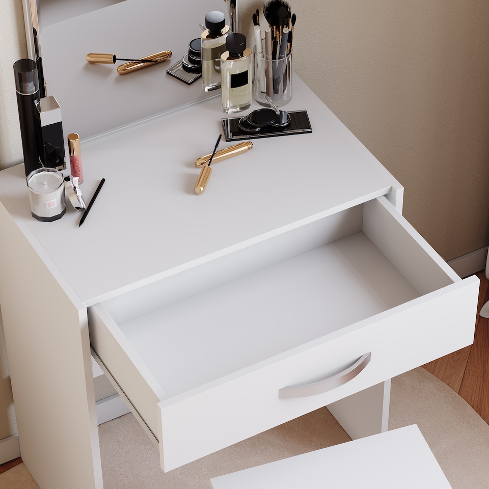 image 1 of Vida Designs Isla Dressing Table 1 Drawer Mirror & Stool Set Vanity Makeup Desk, White