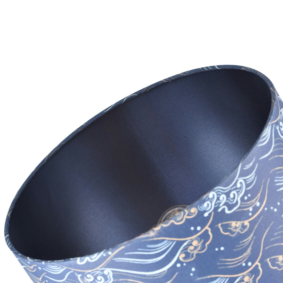 image 1 of Round 30cm Lamp Shade in Midnight Blue Cotton Fabric with Gold and White Waves Blue