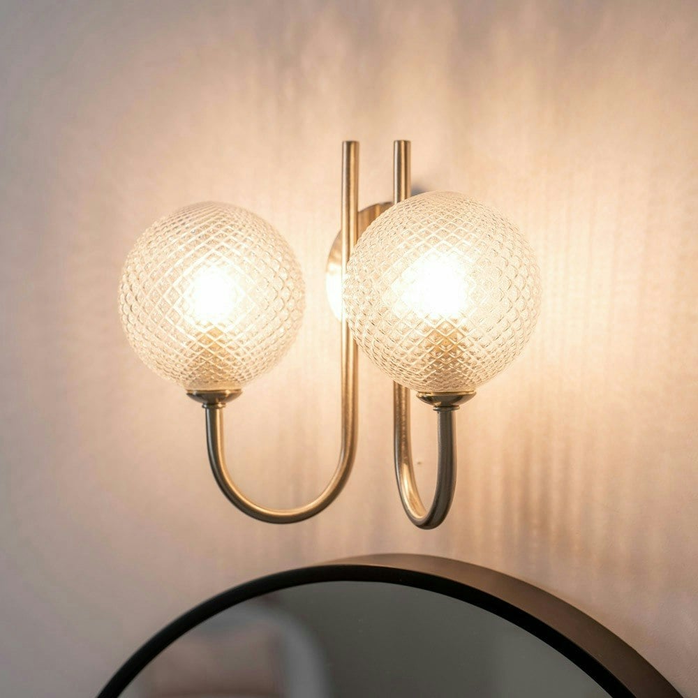 ValueLights Elle Twin Brushed Chrome Wall Light Textured Glass Shade IP44 Bathroom - Bulbs Included Silver