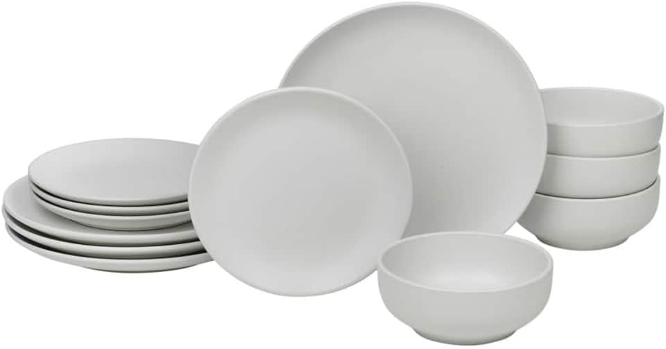 image 1 of Coloured Stone Ceramic Dinnerware Crockery Plates Bowls Dining Set | White | 12Pc White | 12