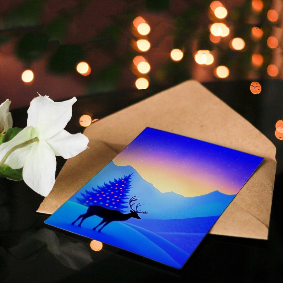image 1 of Greeting Card Winter Wonderland Sunrise Reindeer Decorated Tree Blank For Him Or Her Art Xmas Christmas Card
