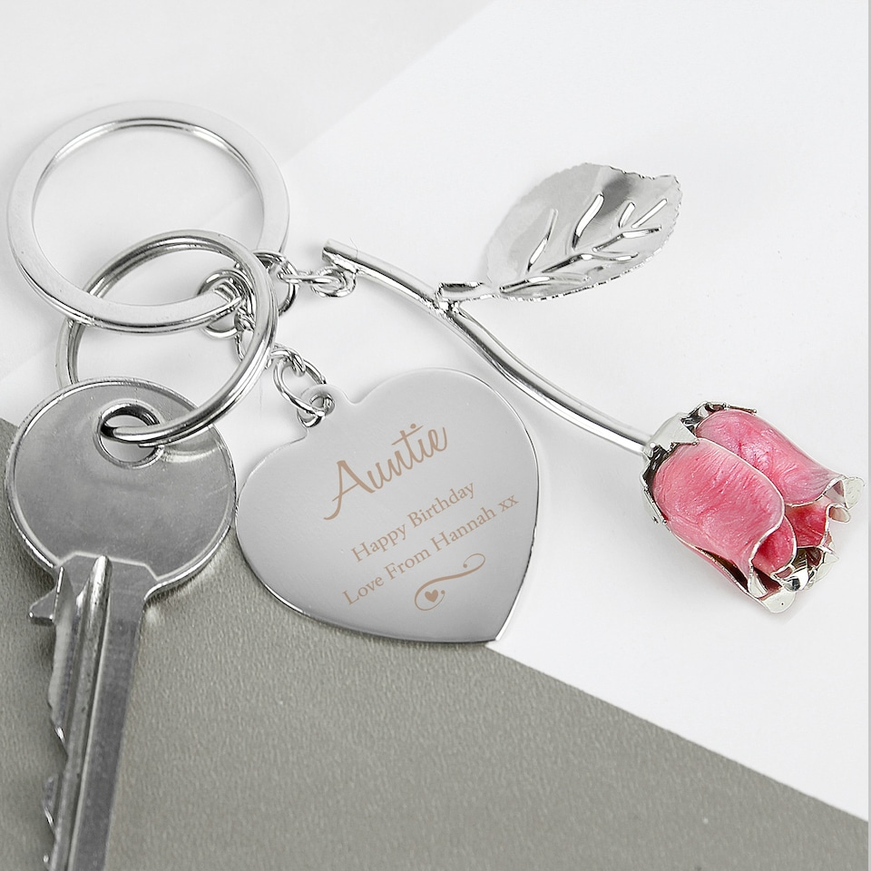 image 1 of Personalised Silver Plated Swirls & Hearts Pink Rose Keyring