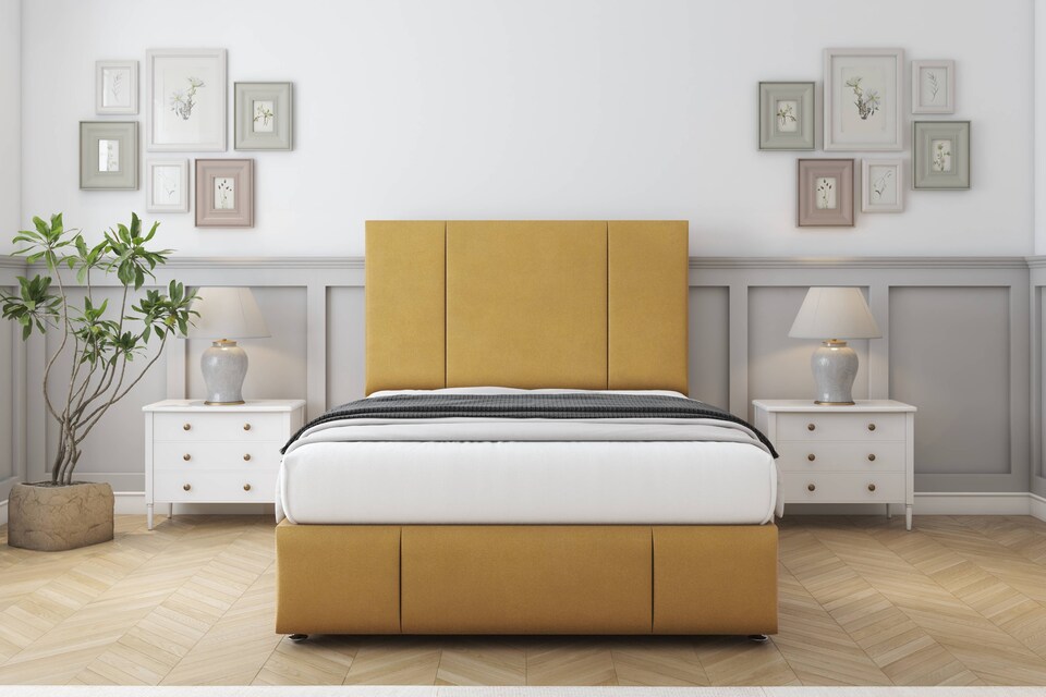 image 1 of Sloomy Lisbon Mustard Plush Divan Bed Base No Drawers With 54 Inch Floor Standing Headboard & 12 Inch Matching Footboard | Gold | Mustard | Small Double | 1